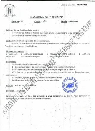 Première page de SVT 6e — Composition (2020-2021) · CPEG ROSAIRE