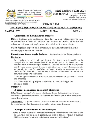 Première page de PCT 5e — 2e production scolaire, 1er semestre (2023-2024) · CEG1 Ikpinlè