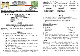 Première page de Histoire-Géographie 5e — 2e évaluation sommative, 1er semestre (2019-2020) · CEG GBESSOU