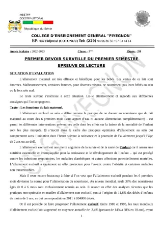 Première page de Français 3e — 1er devoir surveillé, 1er semestre (2022-2023) · CEG FIYEGNON