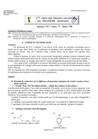 Première page de PCT Tle D — 1er devoir surveillé, 2e semestre (2018-2019) · CEG Sainte Rita