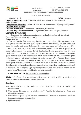 Première page de Philosophie 2nde D — 2e devoir surveillé, 1er semestre (2021-2022) · CEG SEKERE