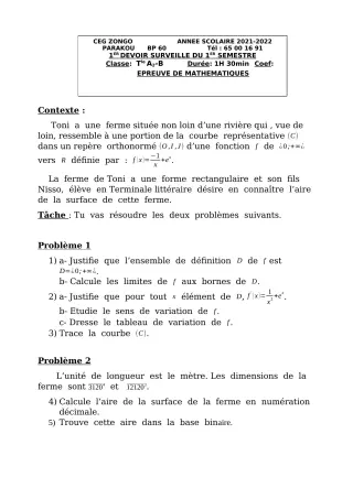 Première page de Mathématiques Tle A1, Tle A2, Tle B — 1er devoir surveillé, 1er semestre (2021-2022) · CEG ZONGO
