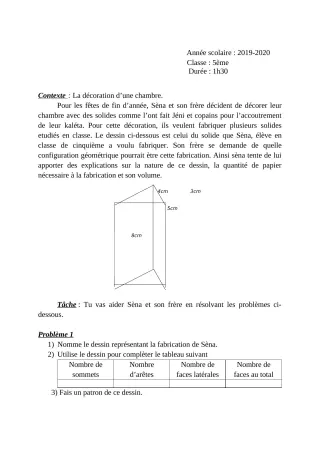 Première page de Devoir surveillé de MATHS GENE — 5e — Ceg OUESSE (2019)