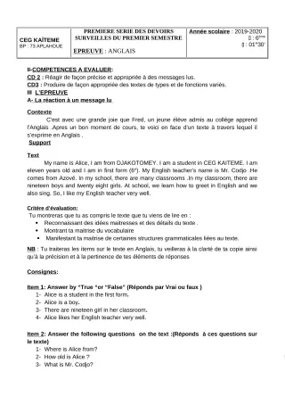Première page de Anglais 6e — 1er devoir surveillé, 1er semestre (2019-2020) · CEG Kaïtèmè