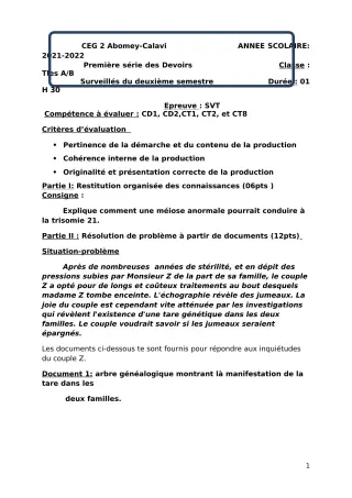 Première page de SVT Tle B — 1er devoir surveillé, 2e semestre (2021-2022) · CEG2 ABOMEY - CALAVI (CEG ZOCA)