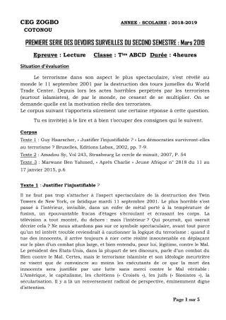 Première page de Français Tle A1, Tle A2, Tle B, Tle C, Tle D — 1er devoir surveillé, 2e semestre (2018-2019) · CEG ZOGBO