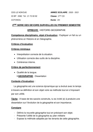 Première page de Histoire-Géographie 2nde C, 2nde D — 2e devoir surveillé, 1er semestre (2020-2021) · CEG LE NOKOUE