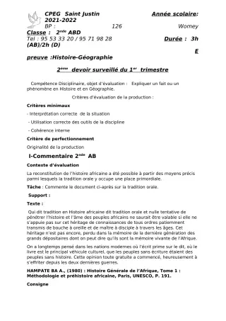 Première page de Histoire-Géographie 2nde A2, 2nde B, 2nde C, 2nde D — 2e devoir surveillé, 1er trimestre (2021-2022) · CPEG SAINT Justin