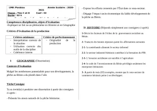 Première page de Histoire-Géographie Tle C, Tle D — 1er devoir surveillé, 1er semestre (2020-2021) · LMB