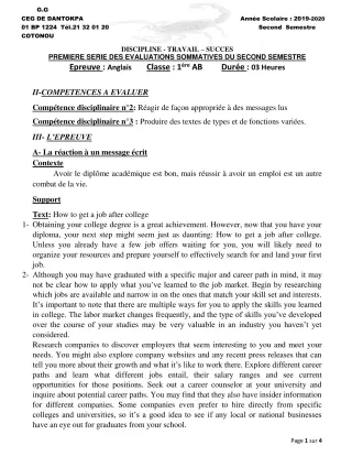 Première page de Anglais 1ère A, 1ère A1, 1ère A2, 1ère B — 1re évaluation sommative, 2e semestre (2019-2020) · CEG Dantokpa