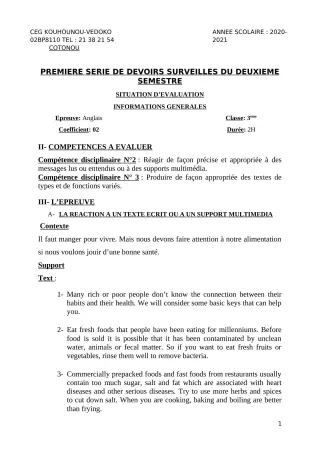 Première page de Anglais 3e, 3e ML — 1er devoir surveillé, 2e semestre (2020-2021) · CEG Kouhounou-Vêdoko