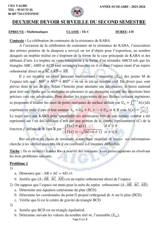 Première page de Mathématiques Tle C — 2e devoir surveillé, 2e semestre (2023-2024) · CEG Yagbe