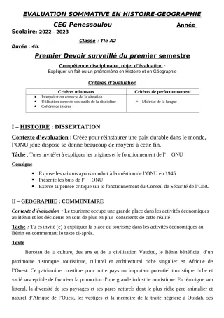 Première page de Histoire-Géographie Tle A2 — 1er devoir surveillé, 1er semestre (2022-2023) · CEG PENESSOULOU