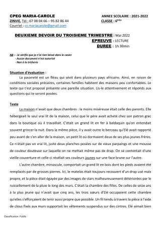 Première page de Français 6e — 2e devoir surveillé, 3e trimestre (2021-2022) · CPEG MARIA-CAROLE