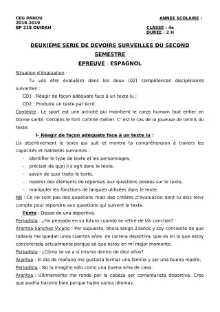 Première page de Espagnol 4e ML — 2e devoir surveillé, 2e semestre (2018-2019) · CEG PAHOU