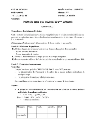 Première page de PCT 5e — 1er devoir surveillé, 2e semestre (2021-2022) · CEG LE NOKOUE