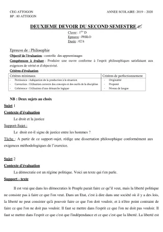 Première page de Philosophie 1ère D — 2e devoir surveillé, 2e semestre (2019-2020) · CEG Attogon