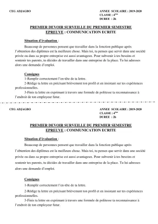 Première page de Français 6e, 5e, 4e, 4e ML, 3e, 3e ML — 1er devoir surveillé, 1er semestre (2019-2020) · CEG ADJAGBO
