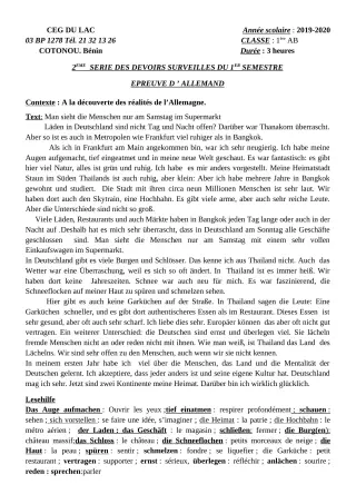 Première page de Allemand 1ère A2, 1ère B — 2e devoir surveillé, 1er semestre (2019-2020) · CEG du Lac