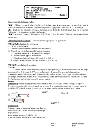 Première page de PCT 5e — 2e évaluation sommative, 2e semestre (2021-2022) · CEG2 ABOMEY - CALAVI (CEG ZOCA)