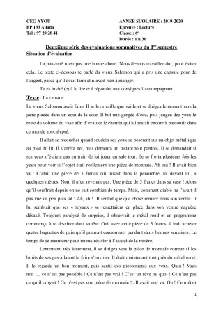 Première page de Français 6e — 2e évaluation sommative, 1er semestre (2019-2020) · CEG AYOU