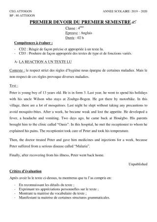 Première page de Anglais 4e, 4e ML — 1er devoir surveillé, 1er semestre (2019-2020) · CEG Attogon