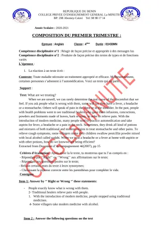 Première page de Anglais 4e, 4e ML — 1re composition, 1er trimestre (2020-2021) · CPEG La Minutie