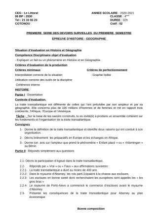 Première page de Histoire-Géographie 4e — 1er devoir surveillé, 1er semestre (2020-2021) · CEG Le Littoral