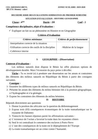 Première page de Histoire-Géographie 4e, 4e ML — 2e évaluation sommative, 1er semestre (2019-2020) · CEG Ahossougbéta
