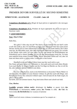 Première page de Allemand 2nde A2, 2nde B — 1er devoir surveillé, 2e semestre (2023-2024) · CEG Yagbe