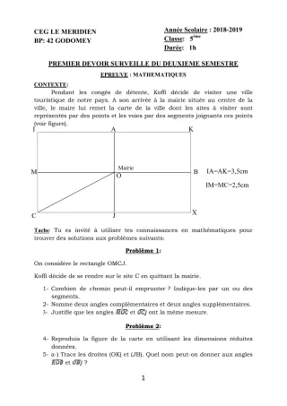 Première page de Mathématiques 5e — 1er devoir surveillé, 2e semestre (2018-2019) · CEG Le Méridien