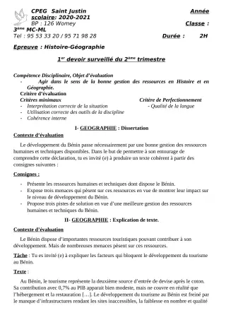 Première page de Histoire-Géographie 3e, 3e ML — 1er devoir surveillé, 2e trimestre (2020-2021) · CPEG SAINT Justin