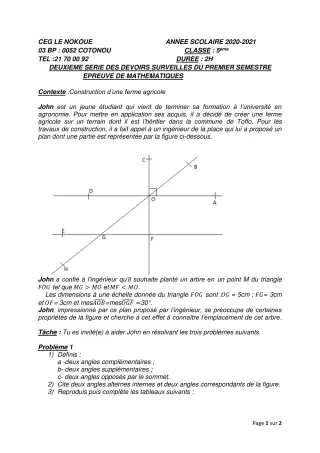 Première page de Mathématiques 5e — 2e devoir surveillé, 1er semestre (2020-2021) · CEG LE NOKOUE