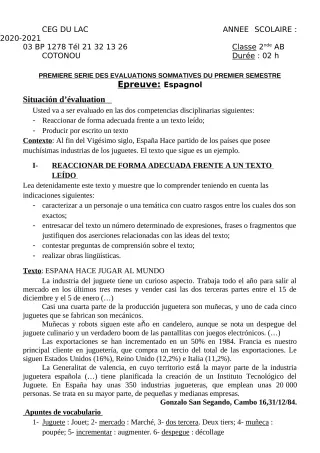 Première page de Espagnol 2nde A, 2nde B — 1re évaluation sommative, 1er semestre (2020-2021) · CEG du Lac