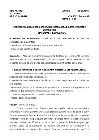 Première page de Espagnol 2nde A2, 2nde B — 1er devoir surveillé, 1er semestre (2021-2022) · CEG PAHOU
