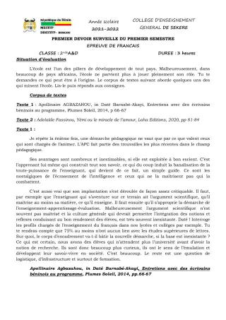 Première page de Français 2nde A2, 2nde D — 1er devoir surveillé, 1er semestre (2021-2022) · CEG SEKERE