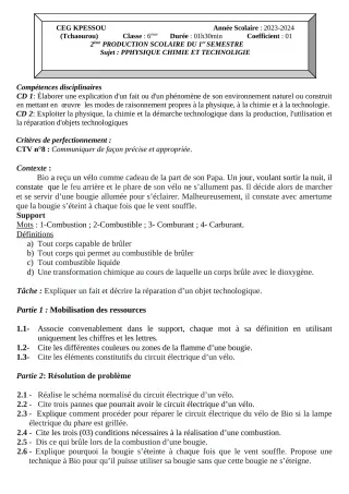 Première page de PCT 6e, 5e, 4e, 3e — 2e production scolaire, 1er semestre (2023-2024) · CEG KPESSOU