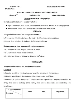 Première page de Histoire-Géographie 6e — 2e production scolaire, 2e semestre (2019-2020) · CEG Igbo-ocho
