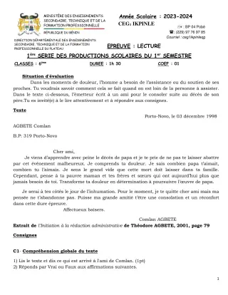 Première page de Français 6e — 1re production scolaire, 1er semestre (2023-2024) · CEG1 Ikpinlè