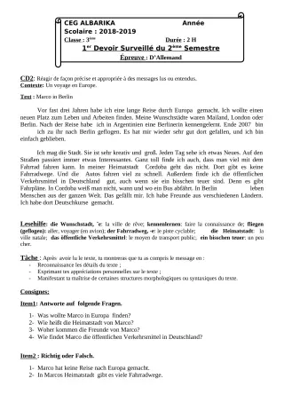 Première page de Allemand 3e ML — 1er devoir surveillé, 2e semestre (2018-2019) · CEG Albarika