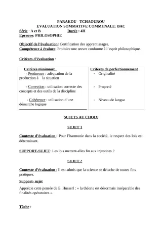 Première page de Philosophie Tle A1, Tle A2, Tle B — Évaluation sommative (2018-2019) · CEG Hubert C. MAGA