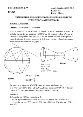 Première page de Mathématiques 3e, 3e ML — 1er devoir surveillé, 2e semestre (2018-2019) · CEG Lobozounkpa