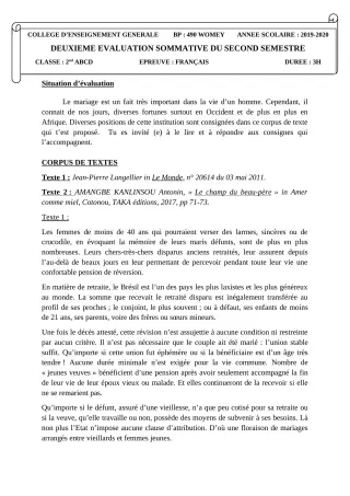 Première page de Français 2nde A & B, 2nde C, 2nde D — 2e évaluation sommative, 2e semestre (2019-2020) · CEG Tankpè