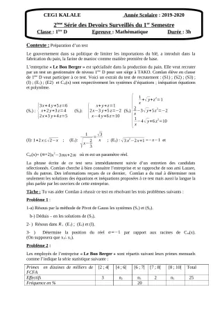 Première page de Mathématiques 1ère D — 2e devoir surveillé, 1er semestre (2019-2020) · CEG1 Kalalé
