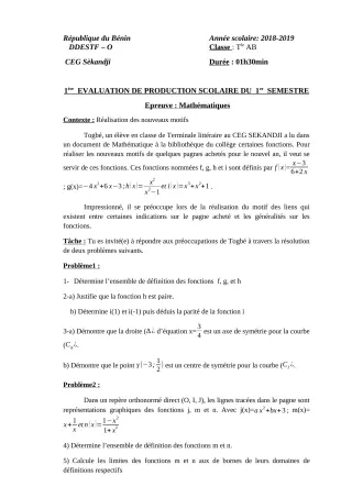 Première page de Mathématiques Tle A2, Tle B — 1re production scolaire, 1er semestre (2018-2019) · CEG SEKANDJI