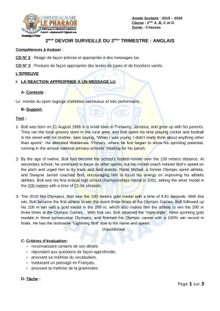 Première page de Anglais 2nde A, 2nde B, 2nde C, 2nde D — 2e devoir surveillé, 2e trimestre (2019-2020) · CPEG LE PHARAON