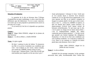 Première page de Français 2nde A & B, 2nde A1, 2nde A2, 2nde B, 2nde C, 2nde D — 1re évaluation sommative, 1er semestre (2020-2021) · LMB