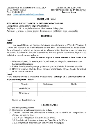 Première page de Histoire-Géographie 6e, 5e, 3e, 3e ML, 2nde A2, 2nde B, Tle A2, Tle B, Tle C, Tle D — Composition, 1er trimestre (2019-2020) · CPEG LICA