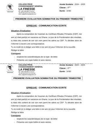Première page de Français 6e — 1re évaluation sommative, 1er trimestre (2024-2025) · CPEG La Finesse